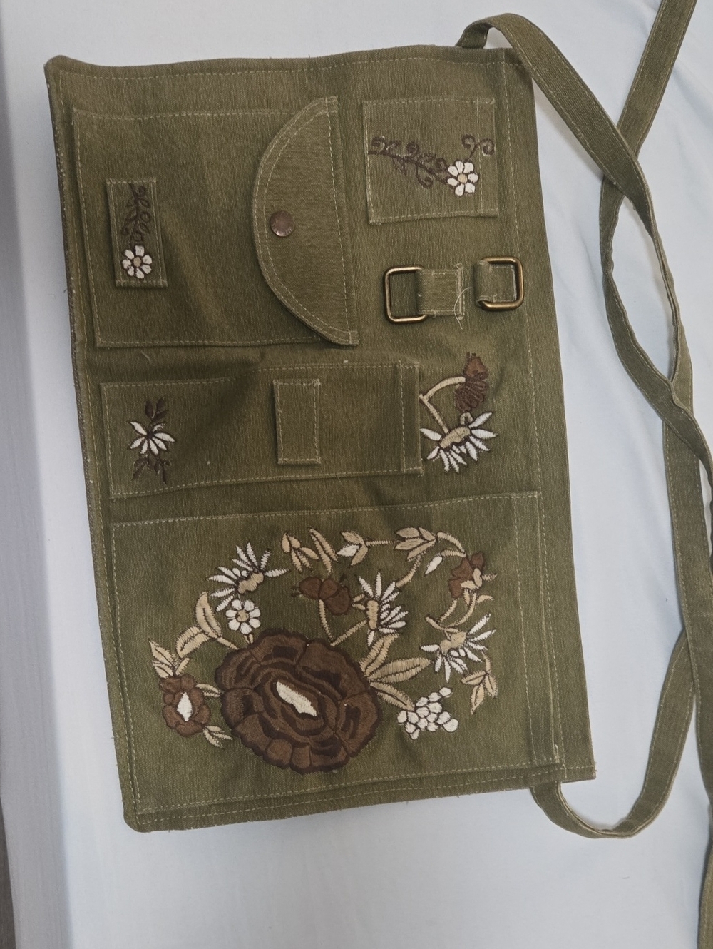 We The Free Olive Green Embroidered Apron Purse/Pouch Tie Around Your Waist.